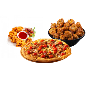 Mede Foods-Glasgow-Top-Restaurant-&-Fast-Food-10″-Pizza-With-2-Topping-Chips-Veg-Pakora-&-Chicken-Pakora