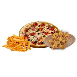 Mede Foods-Glasgow-Top-Restaurant-&-Fast-Food-12″-Pizza-With-2-Toppings-Mixed-Pakora-Or-Chicken-Pakora-&-Chips