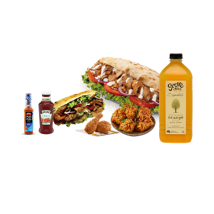 Mede Foods-Glasgow-Top-Restaurant-&-Fast-Food-Chicken-Mushroom-&-Vegetable-Pakora-Onion-Rings-Chicken-Tikka,-Donner-Lamb-&-Chicken-Shish- Mild-Sauce-Chilli-Sauce-Garlic-Sauce-Chips-And-Tortilla-&-2LTR-Bottle-Of-Juice